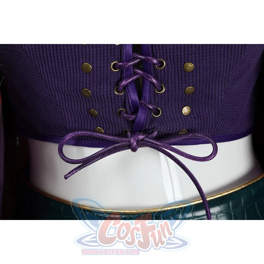 Close-up of Nico Robin cosplay costume vest lacing with purple cord, brass eyelets, studs, and tied bow