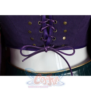 Close-up of Nico Robin cosplay costume vest lacing with purple cord, brass eyelets, studs, and tied bow