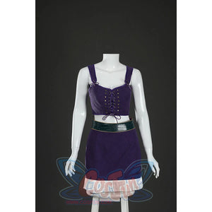 Front view of Nico Robin cosplay costume purple lace-up top with gold studs, green belt, and fringe skirt