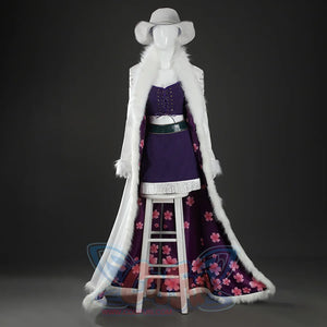 Front mannequin view of Nico Robin cosplay costume with white hat, fur-trimmed coat, purple top, skirt, and green belt