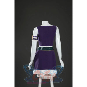 Back mannequin view of Nico Robin cosplay costume with purple crop top, fringe skirt, green belt, and arm ring