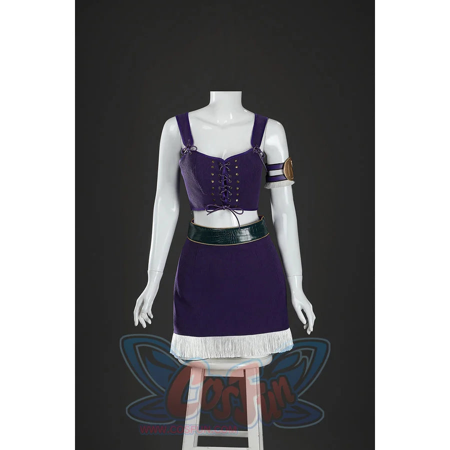 Front mannequin view of Nico Robin cosplay costume with purple lace-up top, fringe skirt, green belt, and arm ring