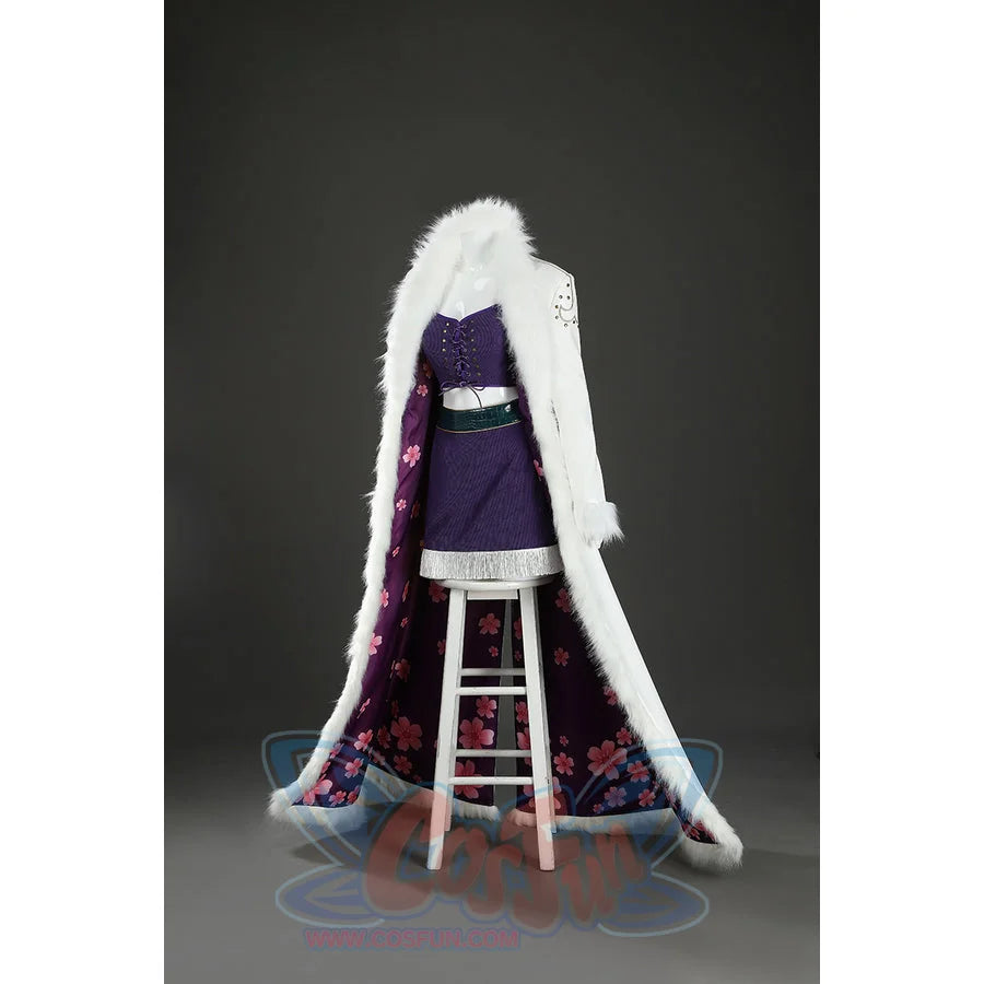 Front mannequin view of Nico Robin cosplay costume with open white coat, purple lace-up top, skirt, and green belt