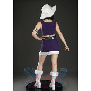 Back view of Nico Robin cosplay costume without coat, showing white hat, purple top, fringe skirt, belt, and arm ring
