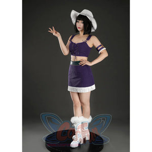 Front view of Nico Robin cosplay costume without coat, showing white hat, purple lace-up top, skirt, belt, and arm ring