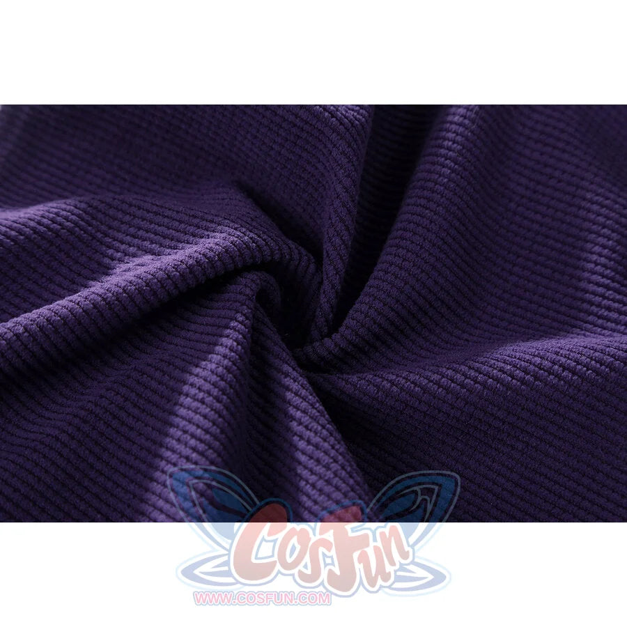 Close-up of Nico Robin cosplay costume dark purple ribbed fabric showing soft folds and visible weave texture