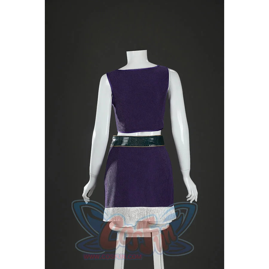 Back view of Nico Robin cosplay costume purple top with green belt, fringe skirt, and plain back panel