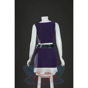 Back view of Nico Robin cosplay costume purple top with green belt, fringe skirt, and plain back panel