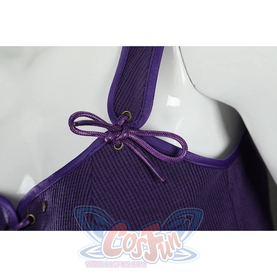Angled close-up of Nico Robin cosplay costume vest shoulder with bow, metal eyelets, ribbed fabric, and trim