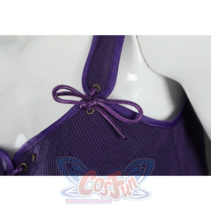 Angled close-up of Nico Robin cosplay costume vest shoulder with bow, metal eyelets, ribbed fabric, and trim