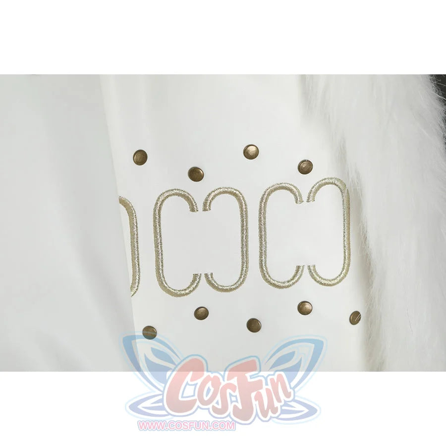Close-up of Nico Robin cosplay costume sleeve with gold loop embroidery, bronze studs, and white fur edge