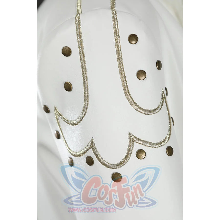 Close-up of Nico Robin cosplay costume sleeve showing gold embroidered loops, bronze studs, and white fabric