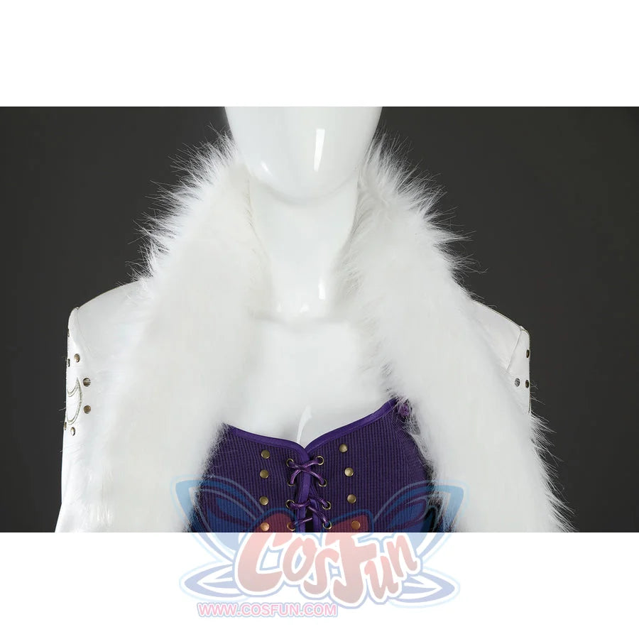 Close-up of Nico Robin cosplay costume neckline with white fur collar, purple lace-up top, gold studs, and sleeve trim