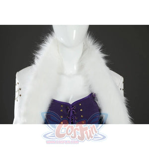 Close-up of Nico Robin cosplay costume neckline with white fur collar, purple lace-up top, gold studs, and sleeve trim