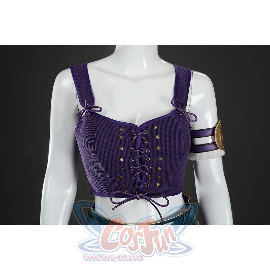Front close-up of Nico Robin cosplay costume purple vest with lace-up cord, gold studs, and arm ring