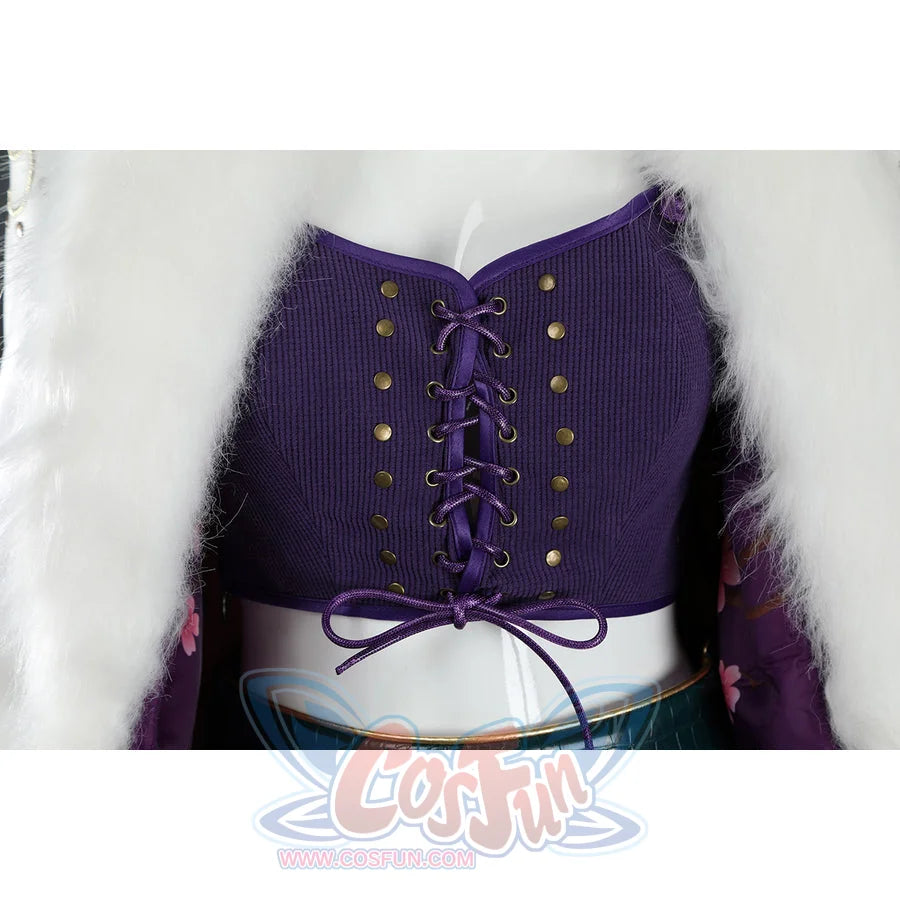 Close-up of Nico Robin cosplay costume vest framed by white fur jacket edges, gold studs, and green belt