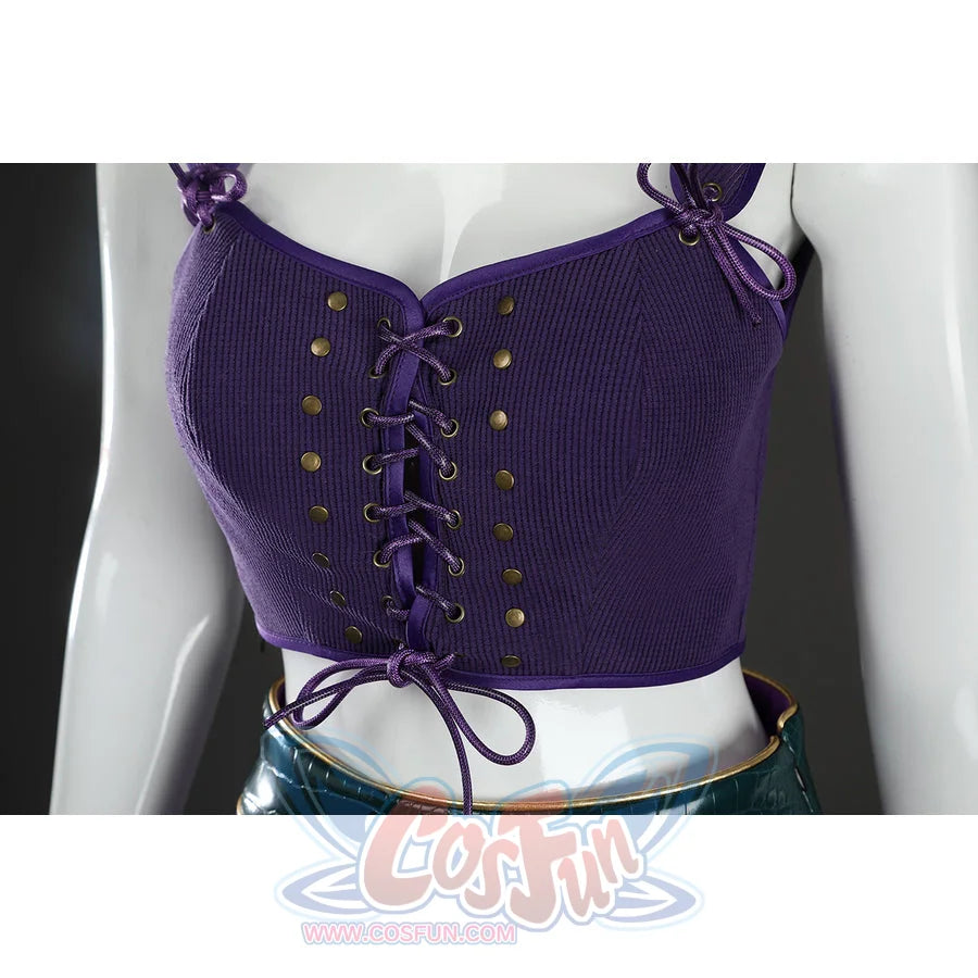 Close-up of Nico Robin cosplay costume purple ribbed vest with center lacing, gold studs, bow, and green belt