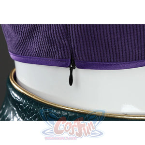 Close-up of Nico Robin cosplay costume side hem with purple trim, small zipper pull, and green textured belt