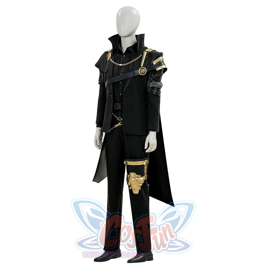 Final Fantasy XV Noctis The Chosen King cosplay costume layers a black tailored coat over a shirt and dark trousers.