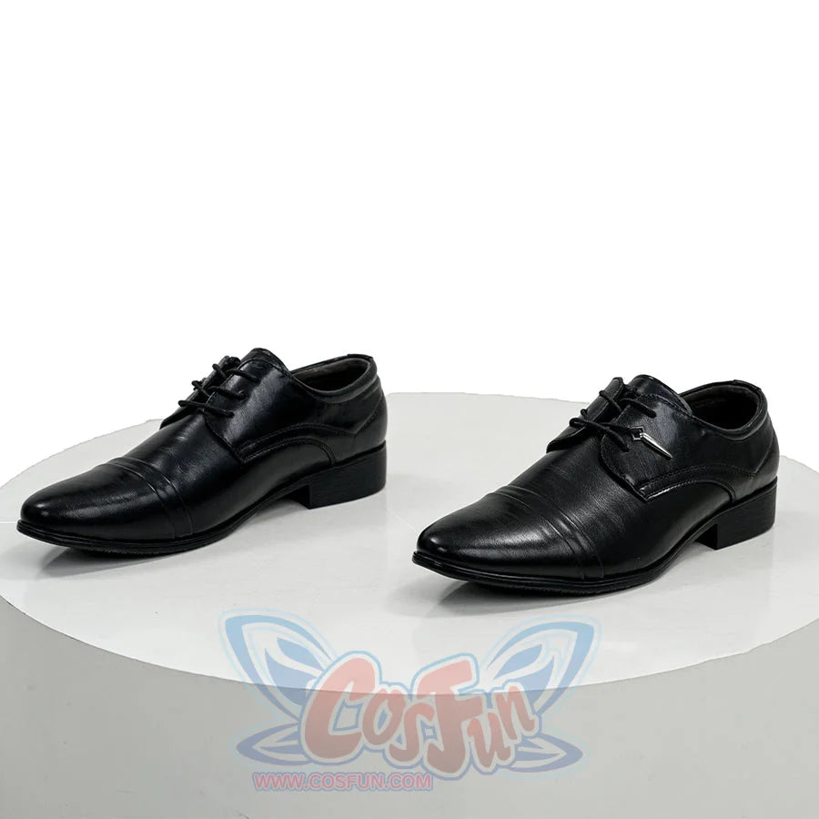 Final Fantasy XV Noctis The Chosen King cosplay shoes crafted from matte black faux leather beside a classic derby profile.