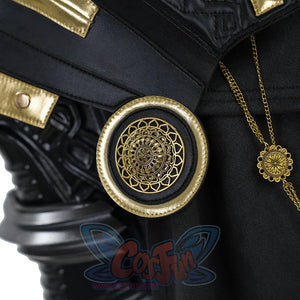 Final Fantasy XV Noctis The Chosen King cosplay costume layers a metallic floral brooch and gold-tone chain on black fabric.