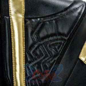 Final Fantasy XV Noctis The Chosen King cosplay costume layers intricate black quilted patterns beside sleek gold-tone trim.