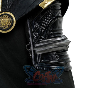 Final Fantasy XV Noctis The Chosen King cosplay costume layers black shoulder armor beneath a gold-tone circular brooch.