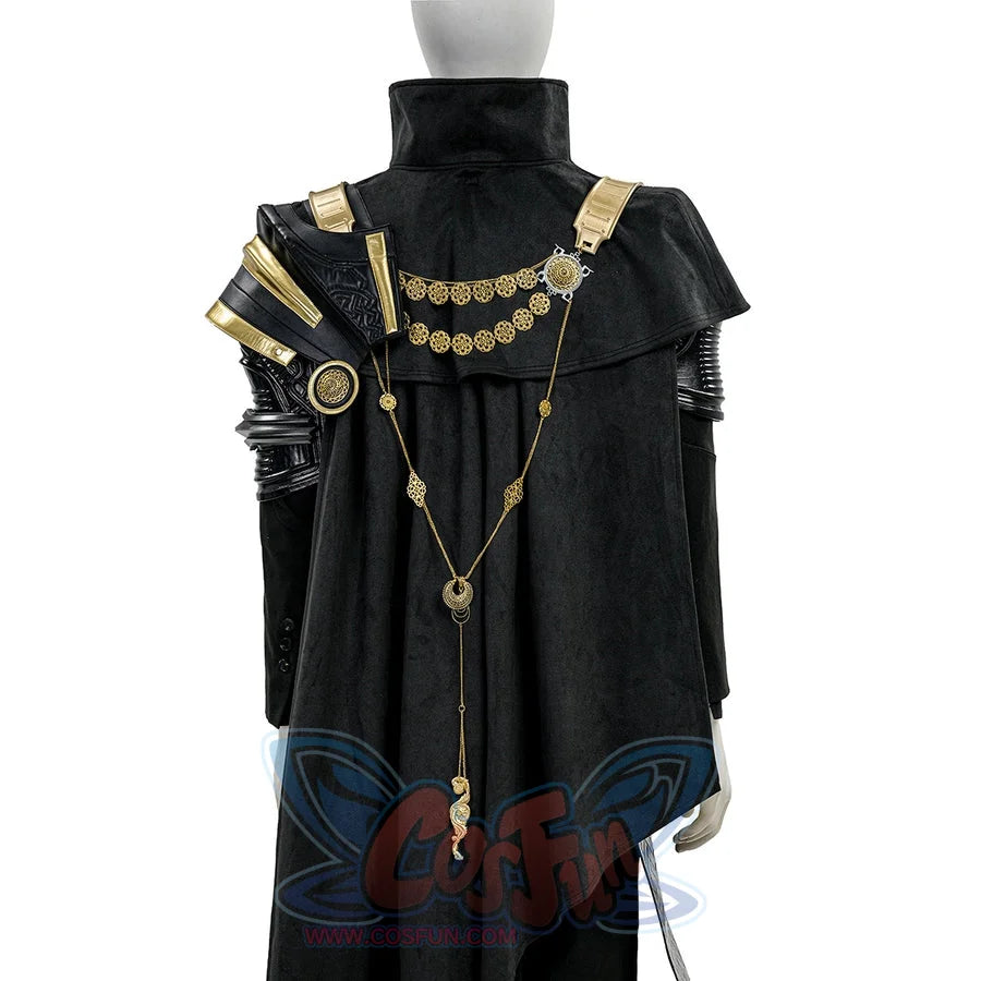 Final Fantasy XV Noctis The Chosen King cosplay costume layers a black cape over gold-tone shoulder armor and hanging chains.