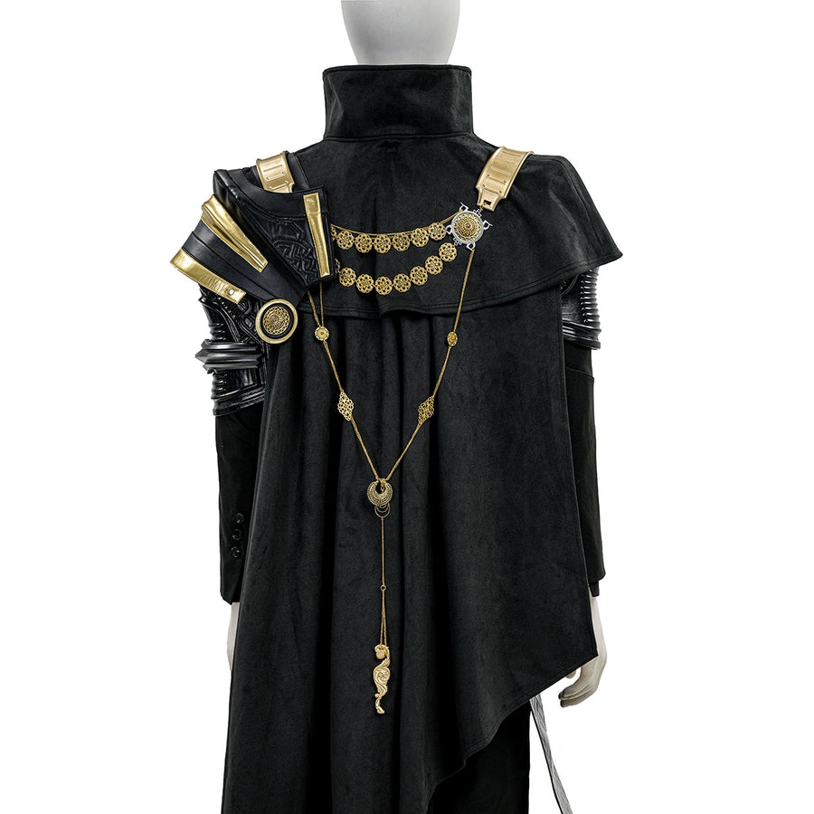 Final Fantasy XV Noctis The Chosen King cosplay costume layers a black cape over gold-tone shoulder armor and hanging chains.