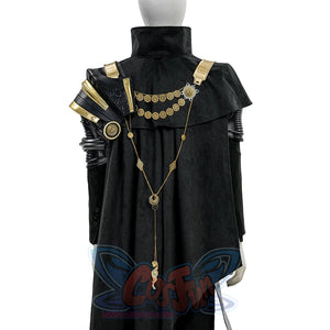 Final Fantasy XV Noctis The Chosen King cosplay costume layers a black cape over gold-tone shoulder armor and hanging chains.