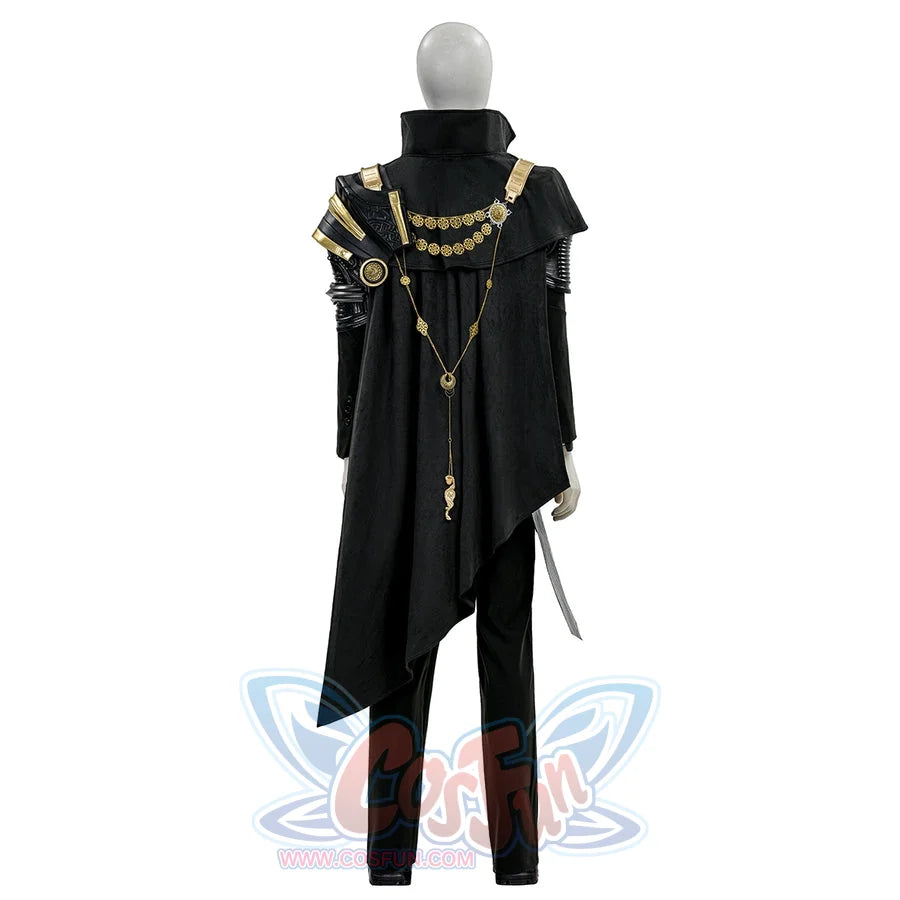 Final Fantasy XV Noctis The Chosen King cosplay costume layers a black cape over shoulder armor draped in gold-tone chains.