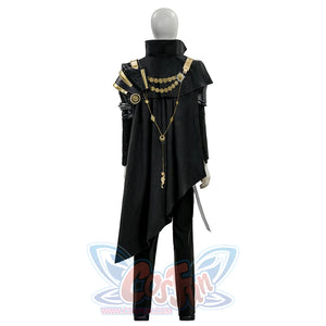 Final Fantasy XV Noctis The Chosen King cosplay costume layers a black cape over shoulder armor draped in gold-tone chains.