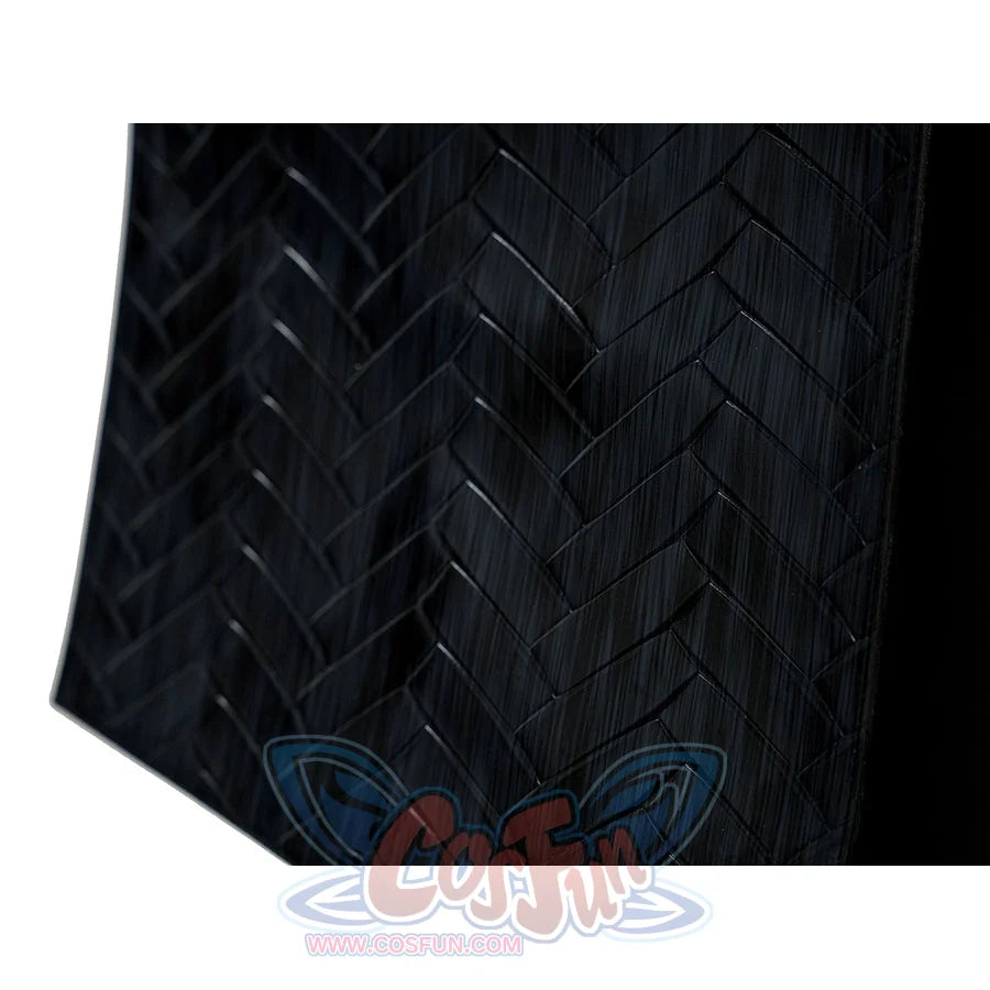 Final Fantasy XV Noctis The Chosen King cosplay costume black textured fabric beside herringbone pattern detail.