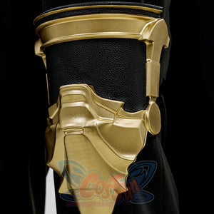 Final Fantasy XV Noctis The Chosen King cosplay costume leg armor piece frames black fabric in a gold-tone sculpted finish.