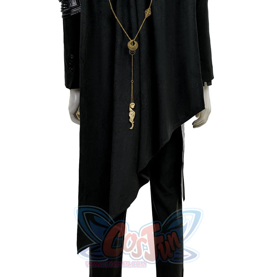 Final Fantasy XV Noctis The Chosen King cosplay costume traces a long black cape over trousers beneath a gold-tone chain.