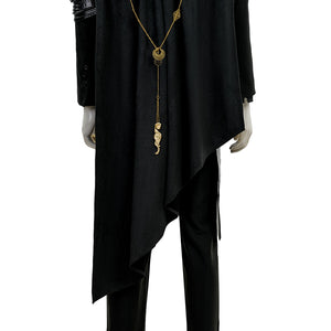 Final Fantasy XV Noctis The Chosen King cosplay costume traces a long black cape over trousers beneath a gold-tone chain.