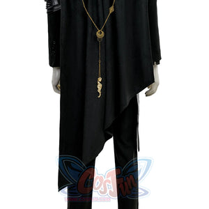 Final Fantasy XV Noctis The Chosen King cosplay costume traces a long black cape over trousers beneath a gold-tone chain.