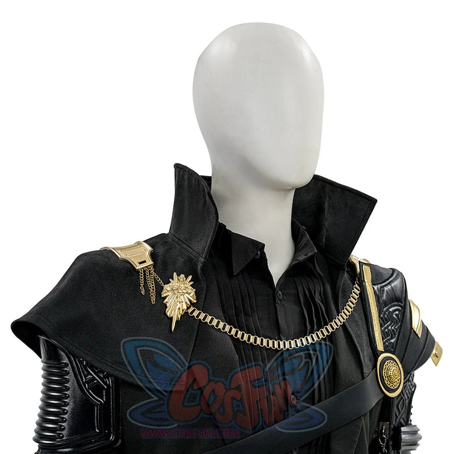 Final Fantasy XV Noctis The Chosen King cosplay costume layers metallic shoulder chains over a dark pleated shirt collar.