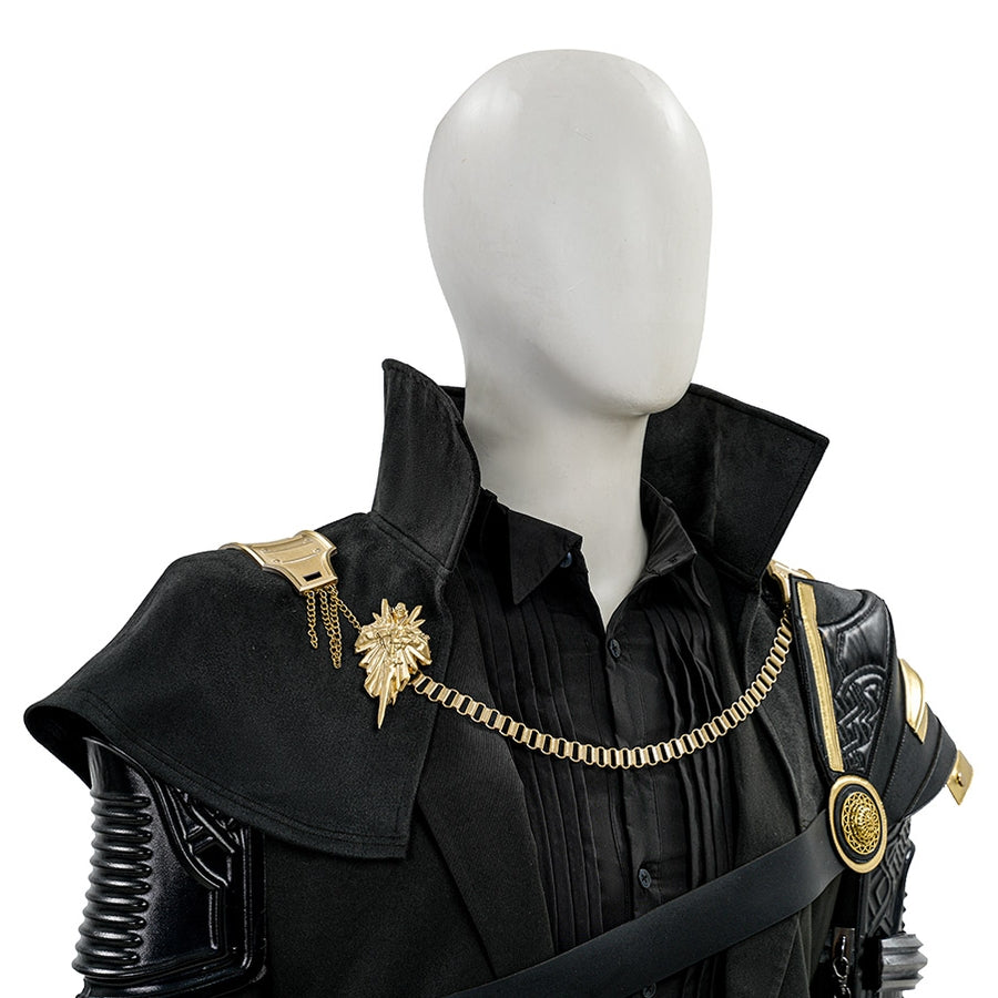 Final Fantasy XV Noctis The Chosen King cosplay costume layers metallic shoulder chains over a dark pleated shirt collar.