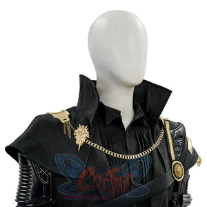 Final Fantasy XV Noctis The Chosen King cosplay costume layers metallic shoulder chains over a dark pleated shirt collar.
