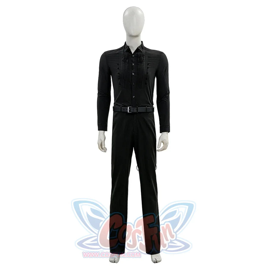 Final Fantasy XV Noctis The Chosen King cosplay costume layers a pleated buttoned black shirt over matching straight pants.