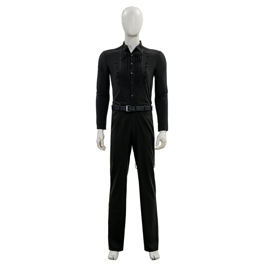 Final Fantasy XV Noctis The Chosen King cosplay costume layers a pleated buttoned black shirt over matching straight pants.