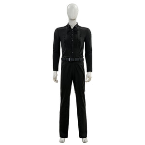 Final Fantasy XV Noctis The Chosen King cosplay costume layers a pleated buttoned black shirt over matching straight pants.