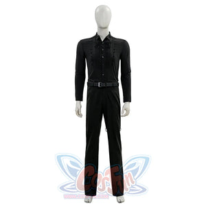 Final Fantasy XV Noctis The Chosen King cosplay costume layers a pleated buttoned black shirt over matching straight pants.