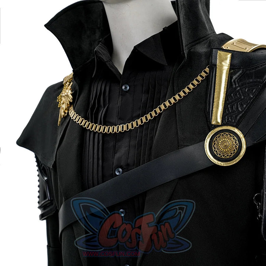 Final Fantasy XV Noctis The Chosen King cosplay costume layers a black shirt under a gold-tone chain adorned shoulder mantle.