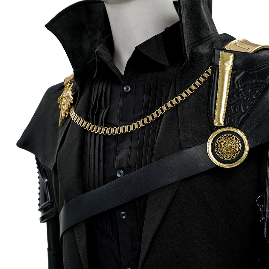 Final Fantasy XV Noctis The Chosen King cosplay costume layers a black shirt under a gold-tone chain adorned shoulder mantle.