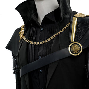 Final Fantasy XV Noctis The Chosen King cosplay costume layers a black shirt under a gold-tone chain adorned shoulder mantle.