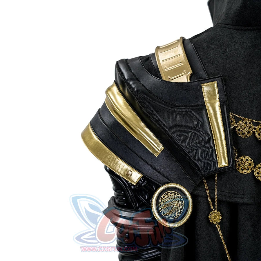 Final Fantasy XV Noctis The Chosen King cosplay costume layers gold-tone-trimmed shoulder armor over a dark textured cape.