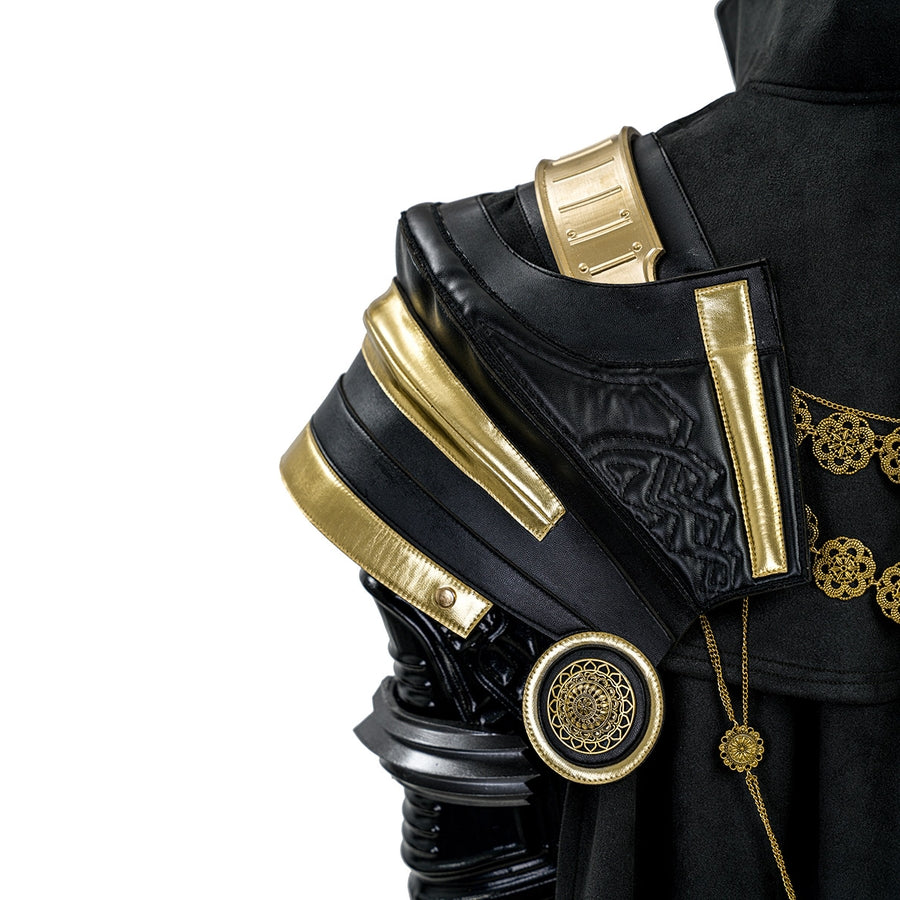 Final Fantasy XV Noctis The Chosen King cosplay costume layers gold-tone-trimmed shoulder armor over a dark textured cape.