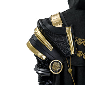 Final Fantasy XV Noctis The Chosen King cosplay costume layers gold-tone-trimmed shoulder armor over a dark textured cape.